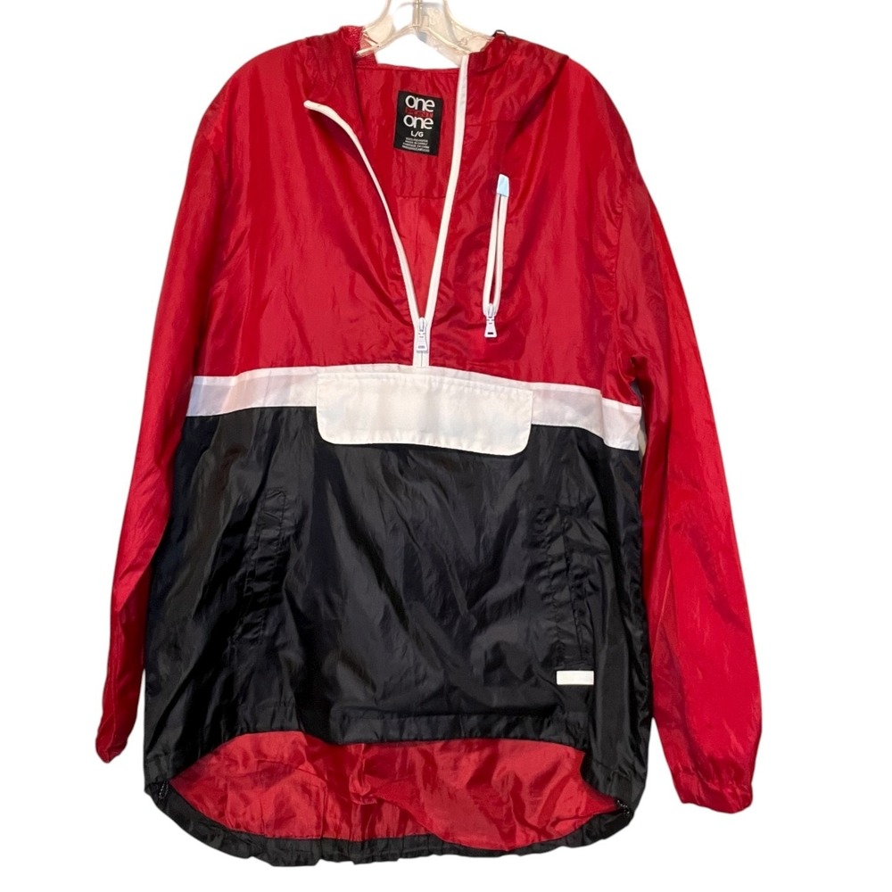 One Point One Men's Red Colorblock Hooded Pullover Lightweight Windbreaker Sz L